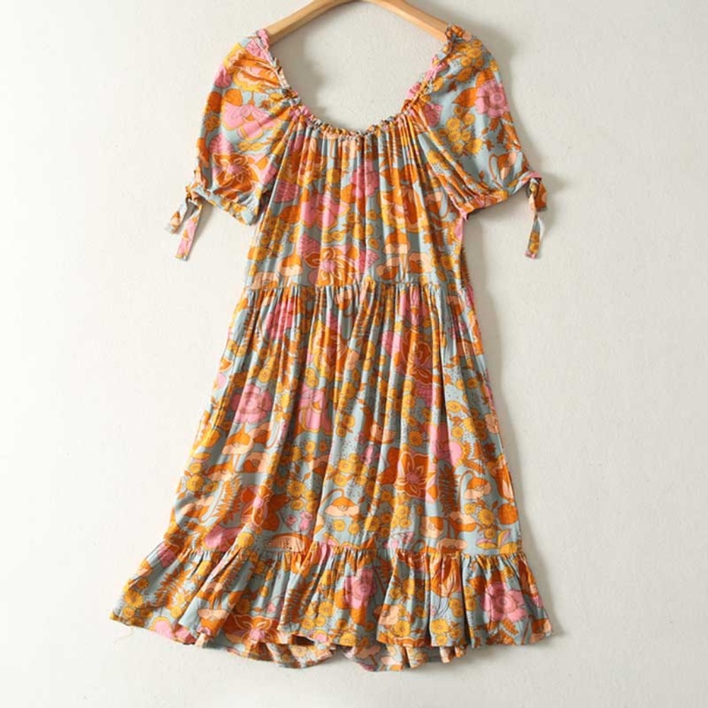 Boho Orange floral print Puff Sleeve ruffle Hem Mini Dress - Picture 7 of 9
